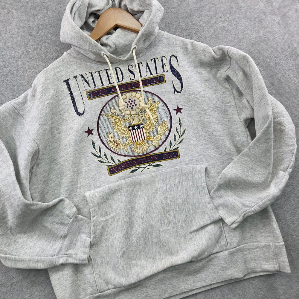 Americana USA Washington DC Heavyweight Graphic Hoodie Mens Large Grey USA Made